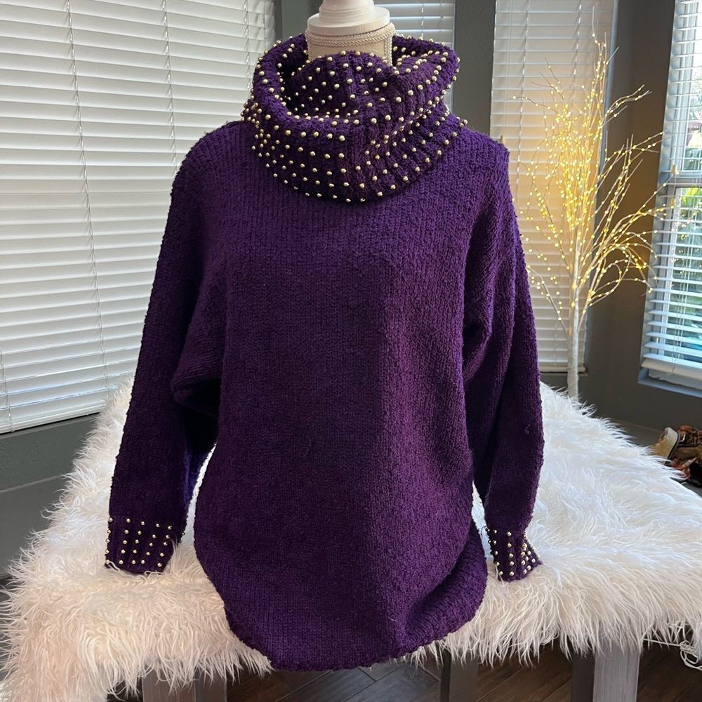 Women’s Paige Cozy Chic Purple Turtleneck with Unique Buttoned Cuffs Sweater
